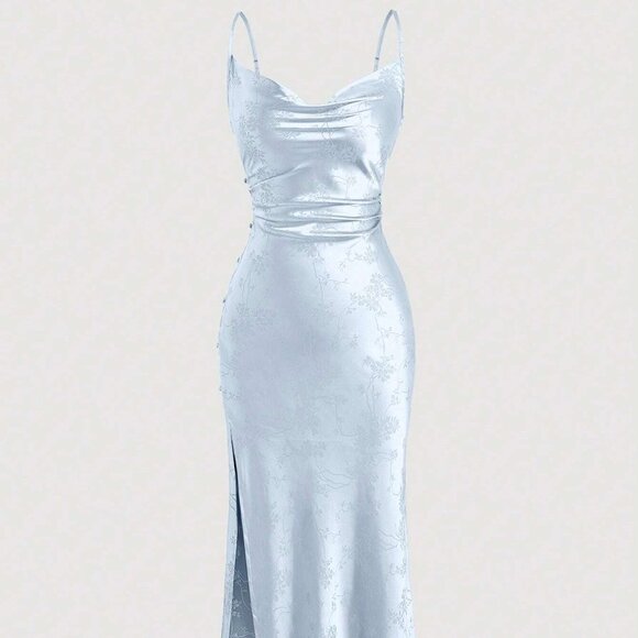 Dresses & Skirts - Ice Blue Satin Slip Dress Cinched Waist Split Front Floral Print Spaghetti Strap